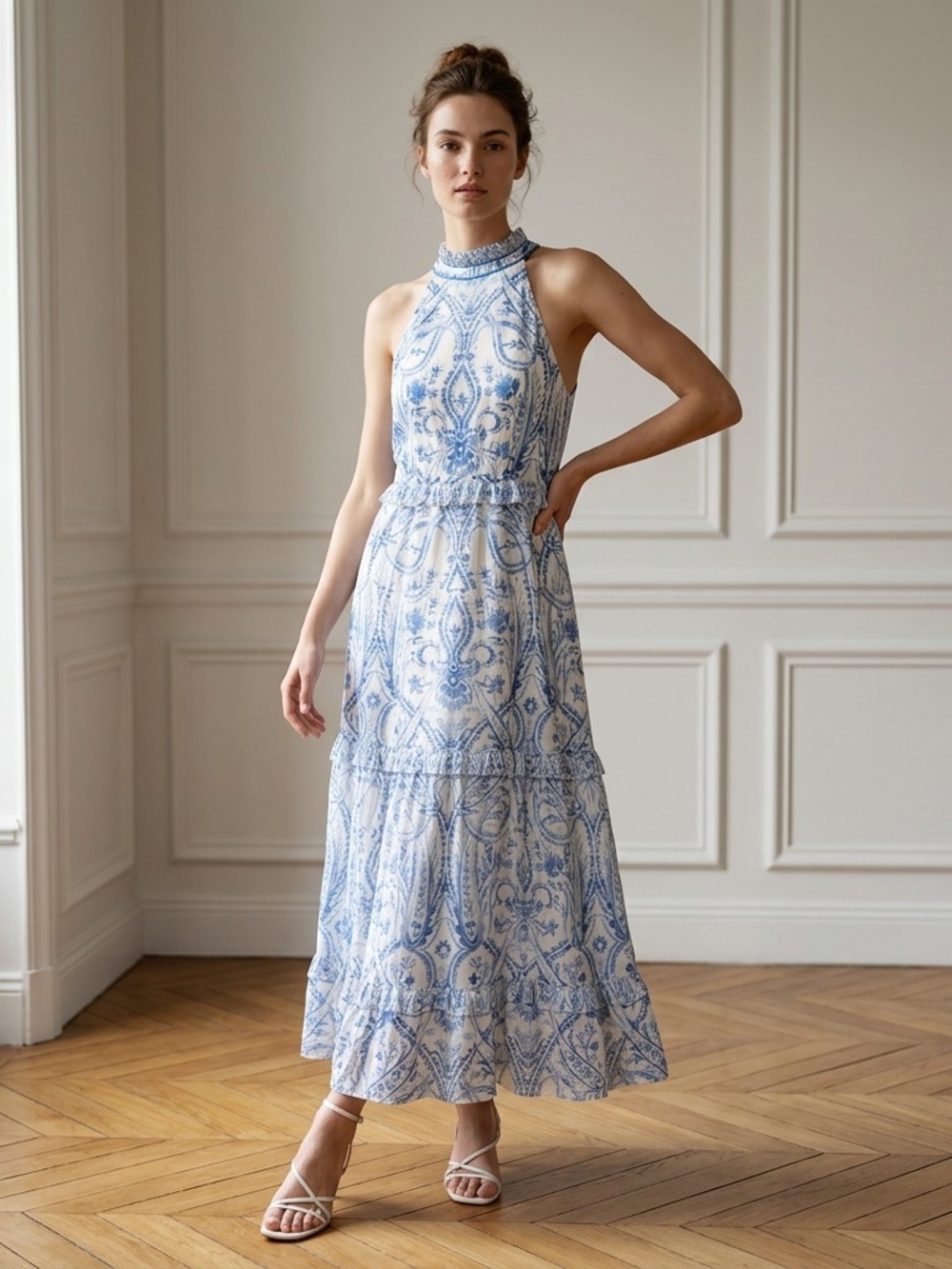 Caballero Blue & White Printed Halter Hollie Maxi Dress